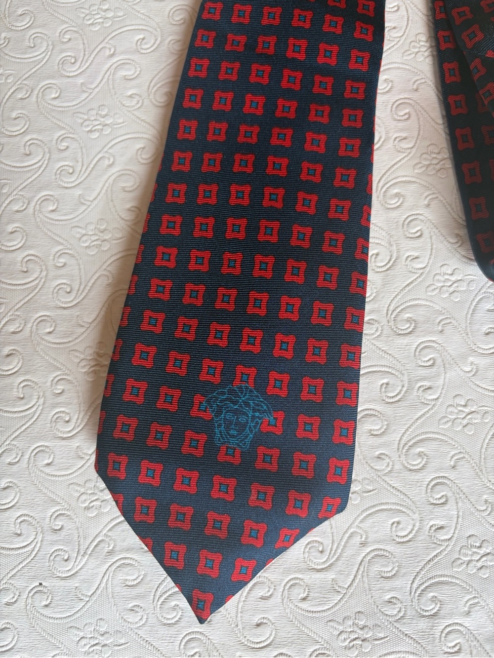 Versace Silk Men's Tie Navy Blue and Red Geometric Print with Medusa Head Logo